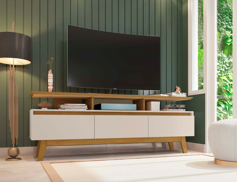 Manhattan Comfort Yonkers 70.86\" TV Stand with Solid Wood Legs & 6 Media Storage Compartments - Off White & Cinnamon