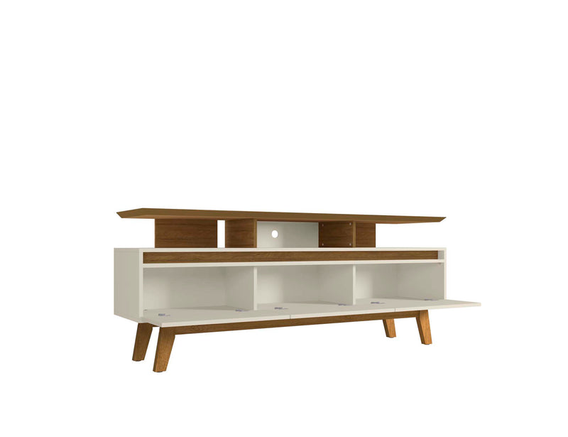 Manhattan Comfort Yonkers 70.86\" TV Stand with Solid Wood Legs & 6 Media Storage Compartments - Off White & Cinnamon