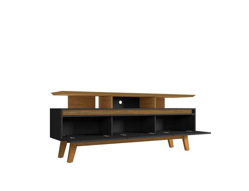 Manhattan Comfort Yonkers 70.86\" TV Stand with Solid Wood Legs & 6 Media Storage Compartments - Black & Cinnamon
