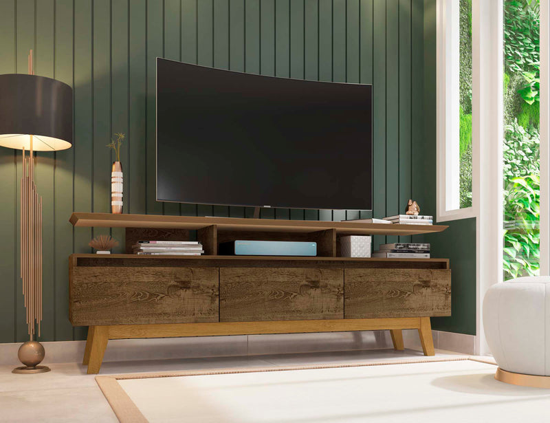 Manhattan Comfort Yonkers 70.86\" TV Stand with Solid Wood Legs & 6 Media Storage Compartments - Rustic Brown