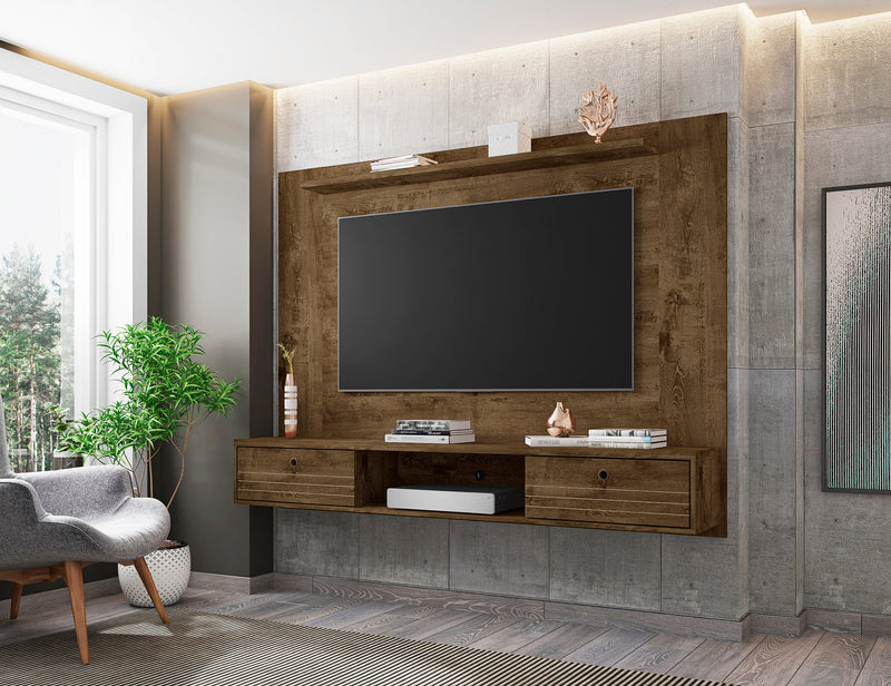 Manhattan Comfort Liberty 70.86\" Floating Wall Entertainment Center with Overhead Shelf - Rustic Brown