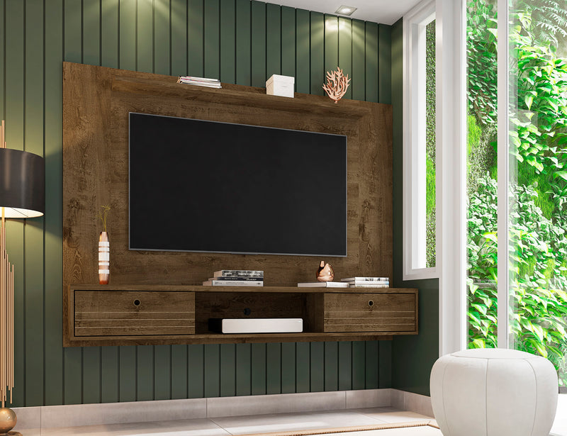 Manhattan Comfort Liberty 70.86\" Floating Wall Entertainment Center with Overhead Shelf - Rustic Brown