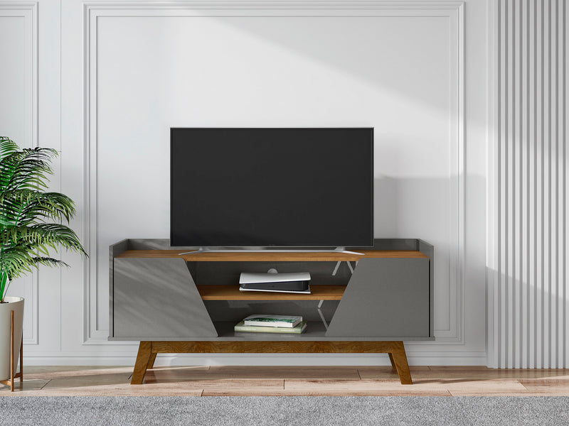 Manhattan Comfort Mid-Century Modern Marcus 53.14\" TV Stand with Solid Wood Legs - Grey & Natural