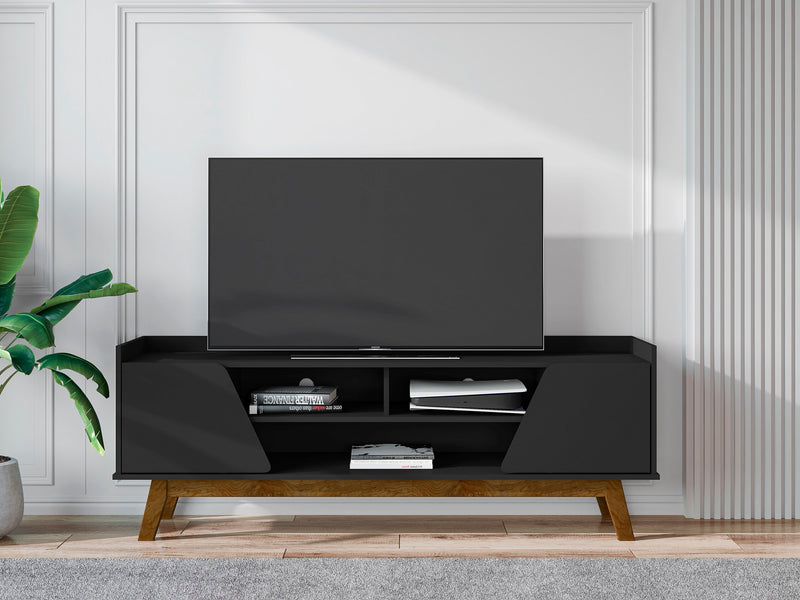 Manhattan Comfort Mid-Century Modern Marcus 62.99\" TV Stand with Solid Wood Legs - Matte Black