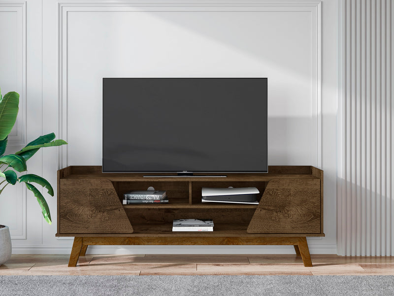 Manhattan Comfort Mid-Century Modern Marcus 62.99\" TV Stand with Solid Wood Legs - Rustic Brown
