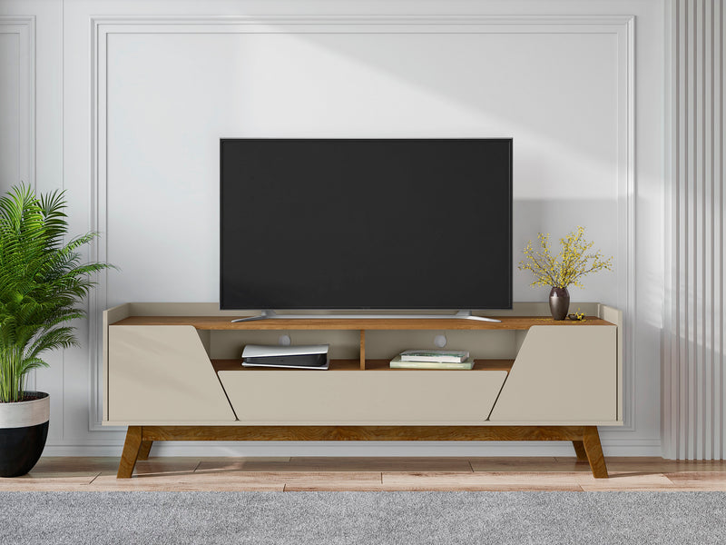Manhattan Comfort Mid-Century Modern Marcus 70.86\" TV Stand with Solid Wood Legs - Greige & Natural