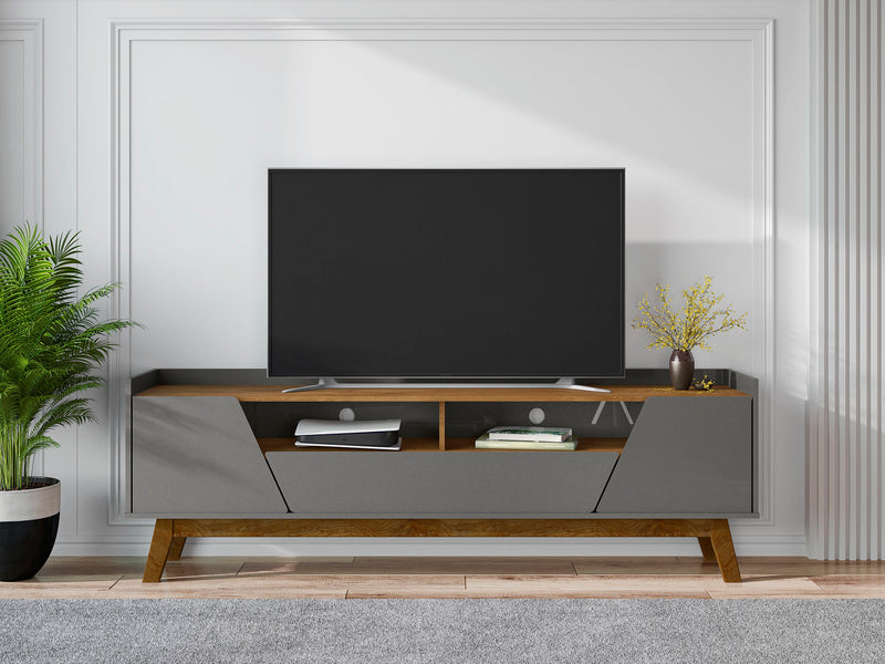 Manhattan Comfort Mid-Century Modern Marcus 70.86\" TV Stand with Solid Wood Legs - Grey & Natural