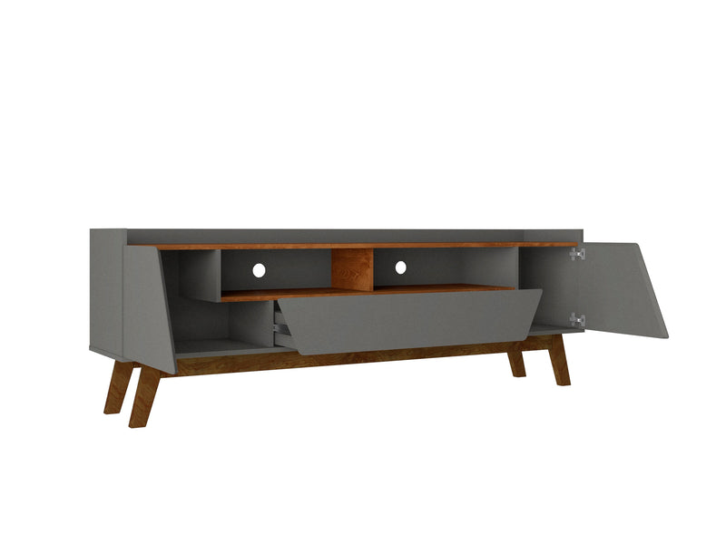 Manhattan Comfort Mid-Century Modern Marcus 70.86\" TV Stand with Solid Wood Legs - Grey & Natural