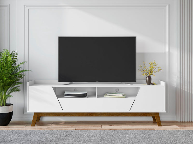 Manhattan Comfort Mid-Century Modern Marcus 70.86\" TV Stand with Solid Wood Legs - White