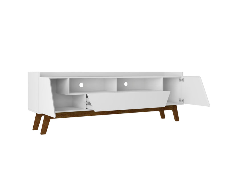 Manhattan Comfort Mid-Century Modern Marcus 70.86\" TV Stand with Solid Wood Legs - White