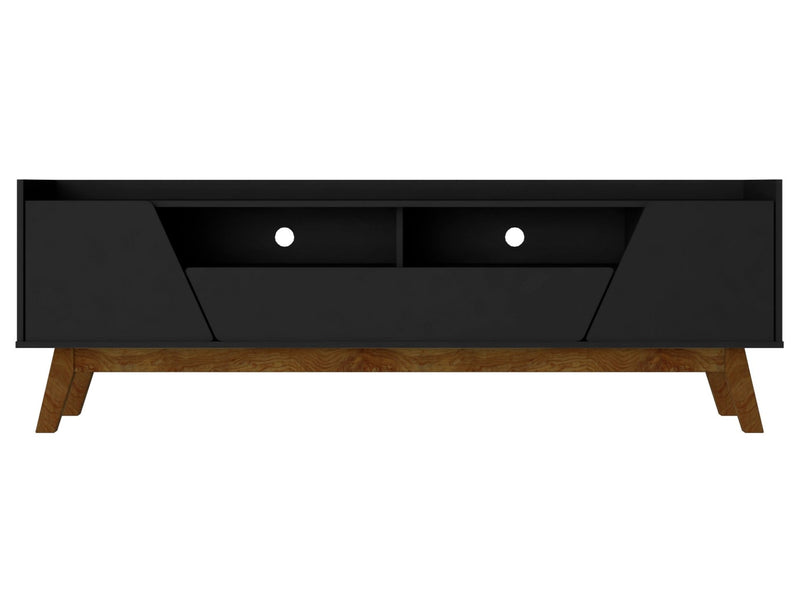 Manhattan Comfort Mid-Century Modern Marcus 70.86\" TV Stand with Solid Wood Legs - Matte Black