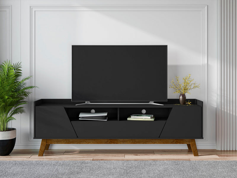 Manhattan Comfort Mid-Century Modern Marcus 70.86\" TV Stand with Solid Wood Legs - Matte Black