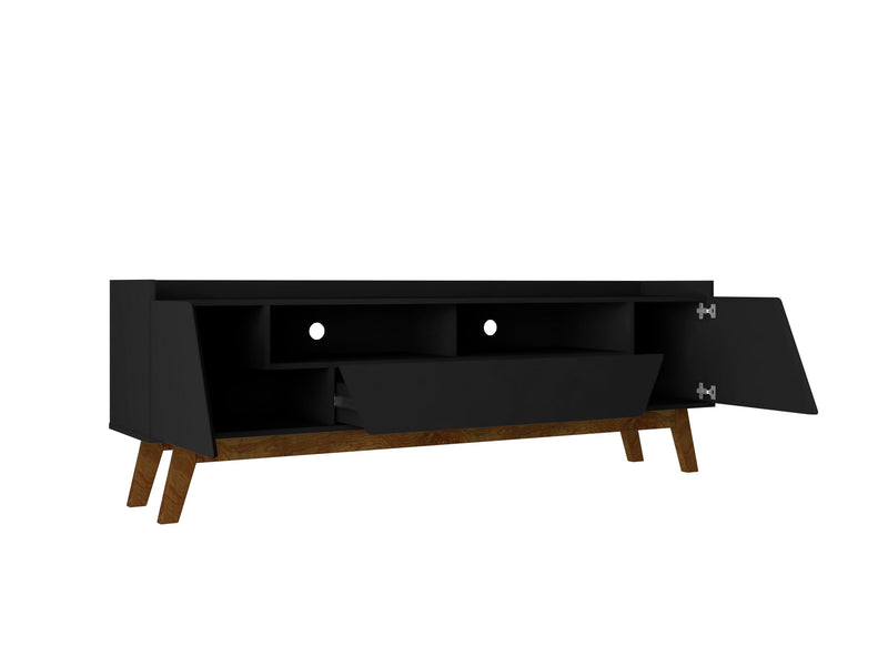 Manhattan Comfort Mid-Century Modern Marcus 70.86\" TV Stand with Solid Wood Legs - Matte Black