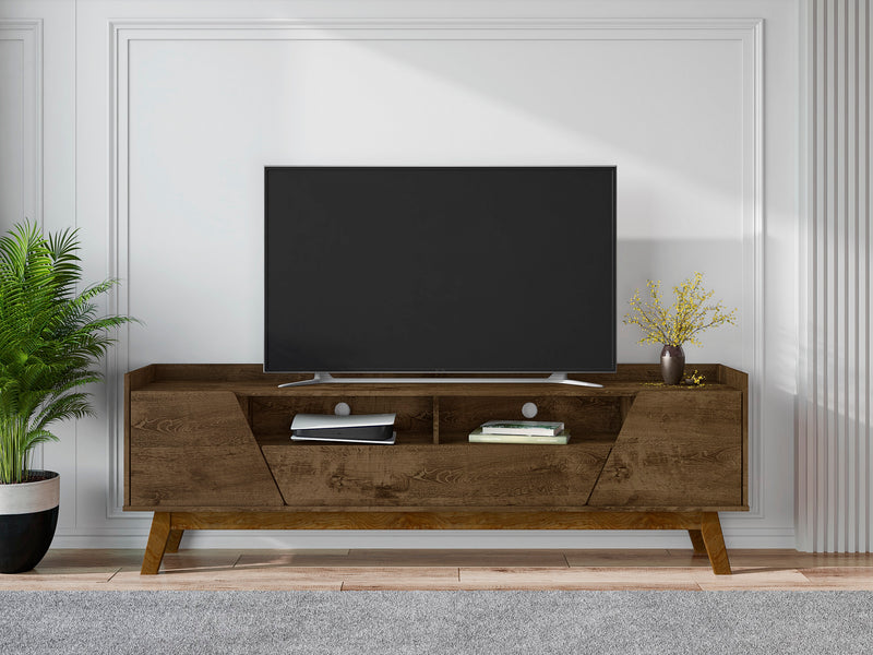 Manhattan Comfort Mid-Century Modern Marcus 70.86\" TV Stand with Solid Wood Legs - Rustic Brown