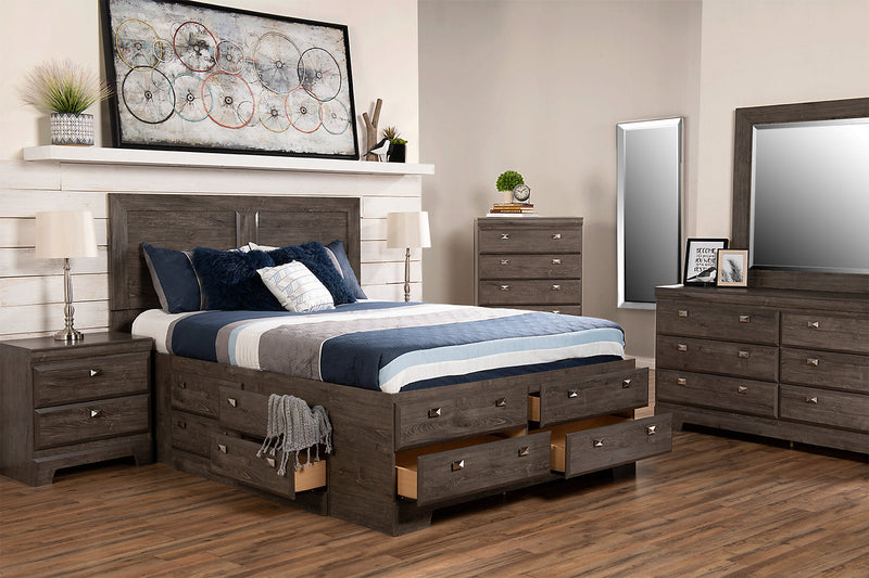 Yorkdale 12-Drawer Platform Bed with Headboard & Storage Frame, Made in Canada, Grey - Queen Size