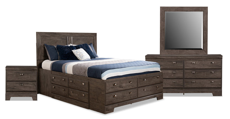 Yorkdale 6pc Bedroom Set with 12-Drawer Storage Bed, Dresser, Mirror & Nightstand, Grey - Queen Size