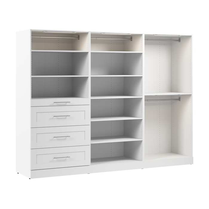 Bestar Florence 107\" Modular Walk-In Closet System with LED Lights, Rods, Shelves and Drawers Shaker Style - White