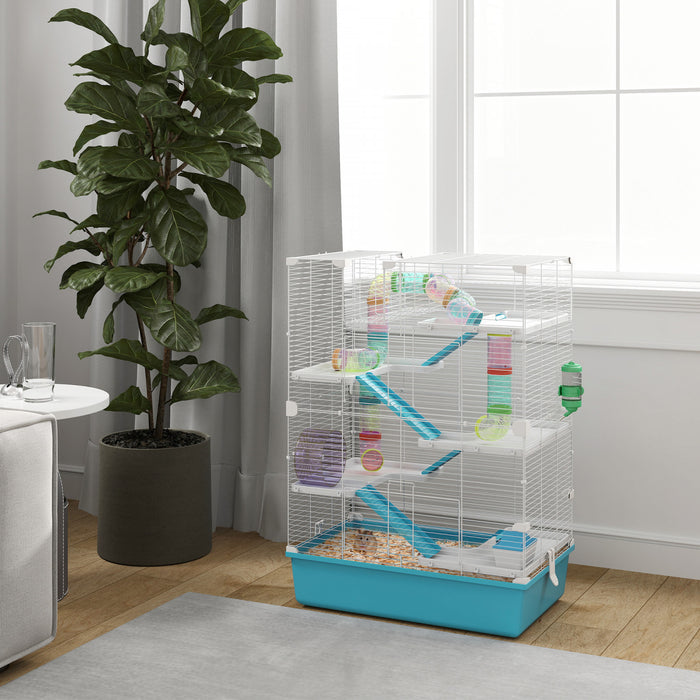 Pawhut 32\" Hamster Cage, 6 Tier Small Animal Cage With Tunnels And Tubes, Diy Design Gerbil Cage With Hut, Wheel, Food Dish, Water Bottle, Ramps, For Dwarf & Gerbil, Light Blue