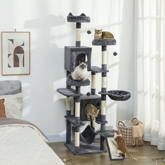 PawHut Cat Tree, 76 Inches Large Multi-Level Cat Tower for Indoor Kittens with 8 Scratching Posts, 3 Plush Beds, 2 Hammocks, 2 Large Condos, Ramp, Pompoms, Dark Grey