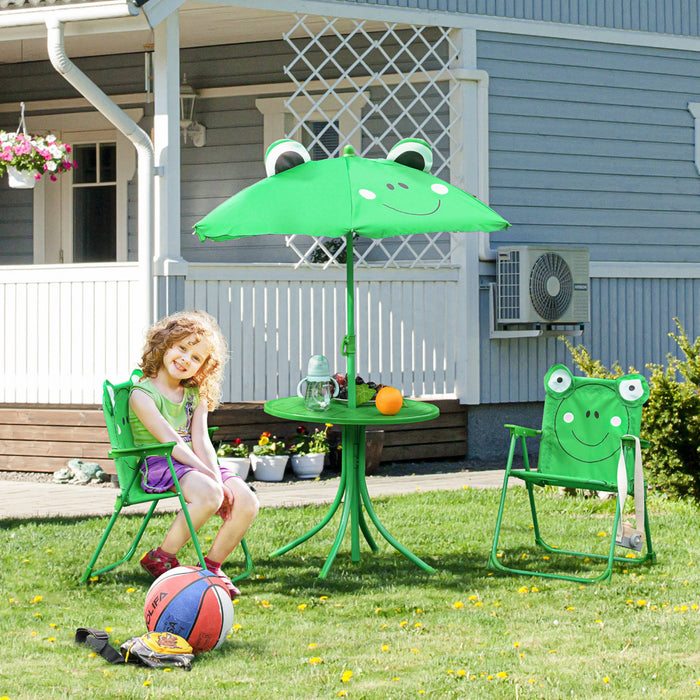 Outsunny Kids Folding Picnic Table And Chair Set Pattern Outdoor Garden Patio Backyard With Removable & Height Adjustable Sun Umbrella Green