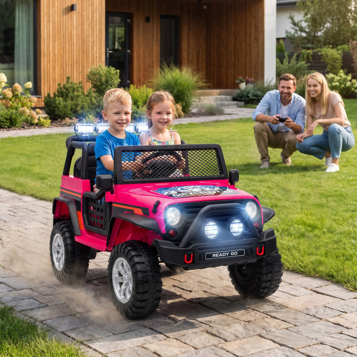 Qaba 2-Seater Ride on Truck Car, 12V Electric Car for Kids with Dual Motors, Remote Control, Soft Start, Four-Wheel Suspension, Max 5MPH, Seat Belt, Lights, Music, USB, Horn, Pink