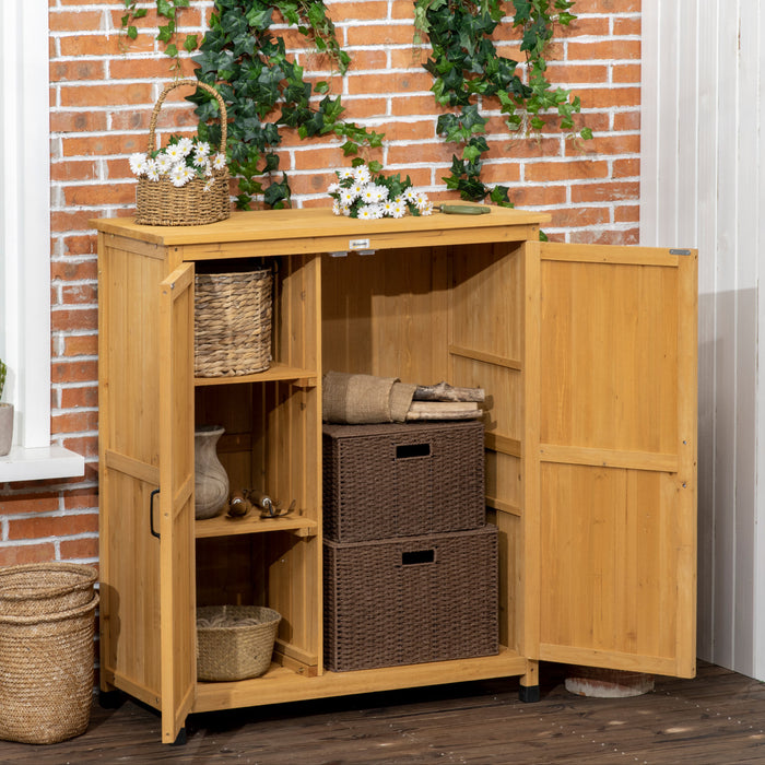 Outsunny Garden Storage Cabinet, Wooden Outdoor Tool Shed With 3 Shelves, Top Planting Workstation And Magnetic Doors, For Yard Tools Or Pool Accessories