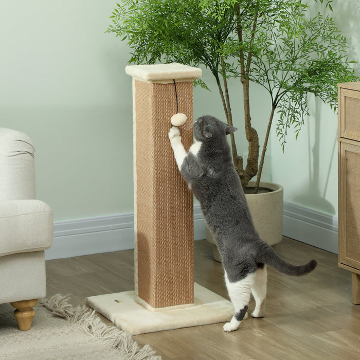 Pawhut 32\" Tall Cat Scratching Post For Indoor Cats And Kittens, Vertical Claw Scratcher, Sisal Cat Scratcher With Hanging Ball And Soft Plush, Beige