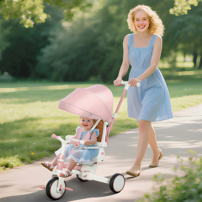 Qaba Toddler Tricycle, 7 In 1 Kids Trike With Adjustable & Removable Parent Handle, Canopy, Safety Harness, Folding Pedal, Storage Bag, Brake, Clutch, For 1-5 Years, Pink