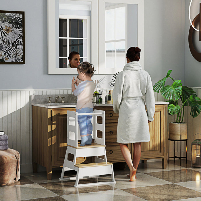 Qaba Toddler Tower Kitchen Step Stool, 2 in 1 Toddler Step Stool with Chalkboard, Safety Rail, Standing Tower for Counter, Bathroom, Sink, Kitchen, White
