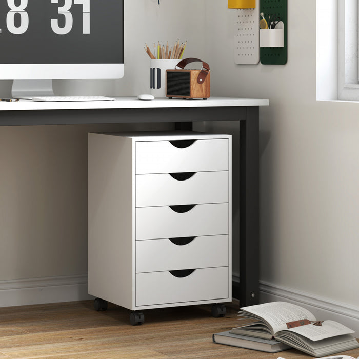 HOMCOM File Cabinet with 5 Drawer Wheels Storage Organizer White