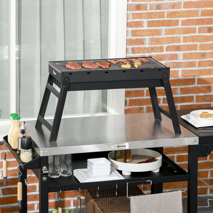 Outsunny Portable Charcoal Grill with Pull-Out Charcoal Basin, Folding Tabletop Barbecue, Compact Camping BBQ, Galvanised Metal, Black