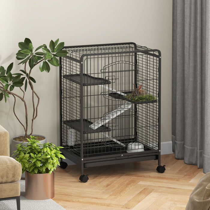 Pawhut 4-tier Small Animal Cage Pet Playpen For Rabbit Ferret Chinchilla On Wheels With Removable Tray Platform Ramp Food Dish Water Bottle, 24\" X 18\" X 37\"