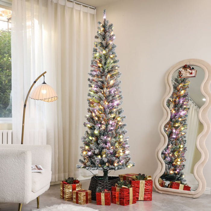 HOMCOM 7.5ft Pencil Artificial Christmas Tree w/ Remote, Flocked Xmas Tree