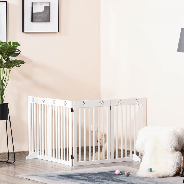 Pawhut Freestanding Pet Gate 4 Panel Dog Barrier Folding Safety Fence With Support Feet Up To 80.25\" Long 29.5\" Tall For Doorway Stairs Black White