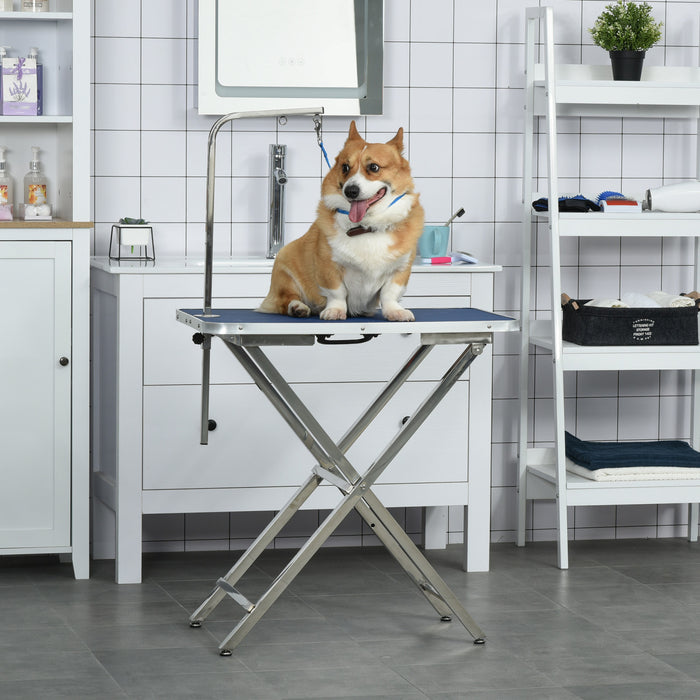 Pawhut 28\" Foldable Dog Grooming Table With Adjustable Arm, Non-slip Surface, Pet Grooming Table For Medium Small Dogs, Cats, Blue