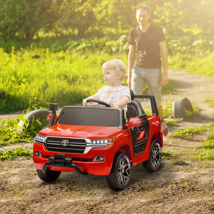 Qaba 12v Electric Powered Ride-On Car For Kids, Toyota Land Cruiser Licensed Kids Car With Parent Remote Control, Four Wheel Spring Suspension, Soft Start, Led Light, Music, Horn, Red