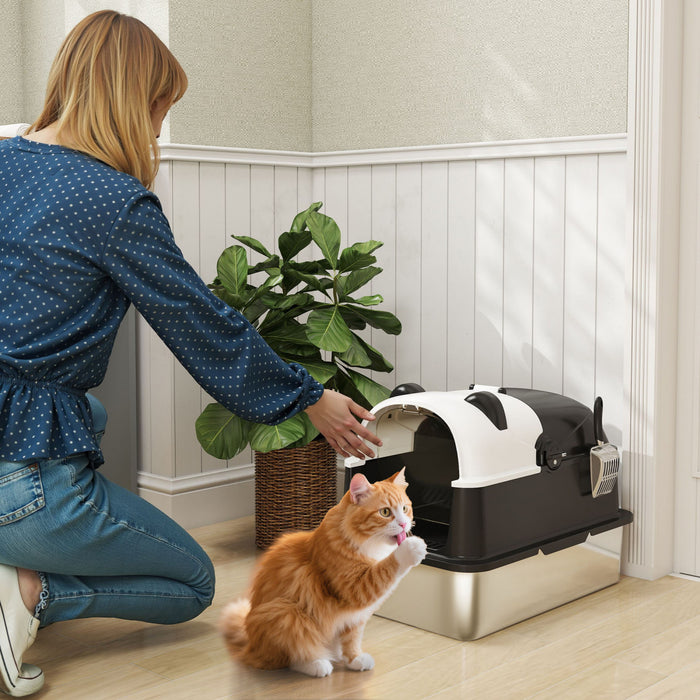 Pawhut Xl Stainless Steel Cat Litter Box With Lid For Big Cats, Enclosed Kitty Litter Box Panda Style Easy Cleaning, Anti-leakage, Non-sticky & Odour Control, Scoop Includes