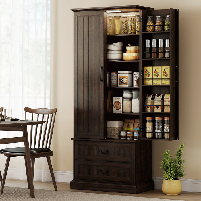 HOMCOM 72\" Kitchen Pantry Cabinet with LED Light and Door Shelves, Brown