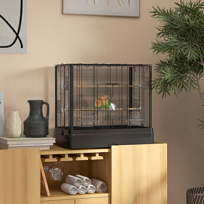 Pawhut 22\" Bird Cage For Budgie, Finches, Canaries, Love Birds, Large Parrot Cage With Wooden Stands, Slide-out Tray, Handle, Food Containers, Black