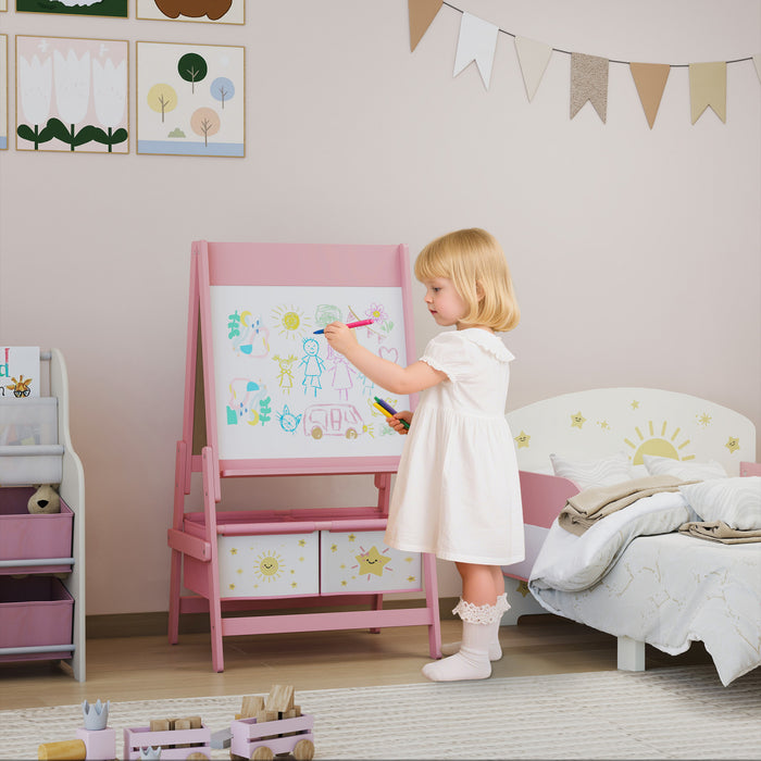 Qaba Art Easel For Kids, 3-in-1 Double-sided Kids Easel With Paper Roll, Whiteboard & Chalkboard, 2 Storage Boxes, Gift For Boys, Girls Ages 3-8, Pink