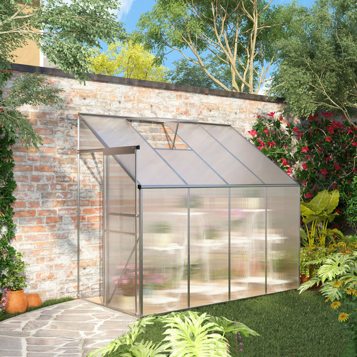 Outsunny 8' X 4' X 7' Lean-to Polycarbonate Greenhouse With Aluminum Frame, Outdoor Walk In Garden Green House With Roof Vent For Plants, Herbs, Vegetables, Silver