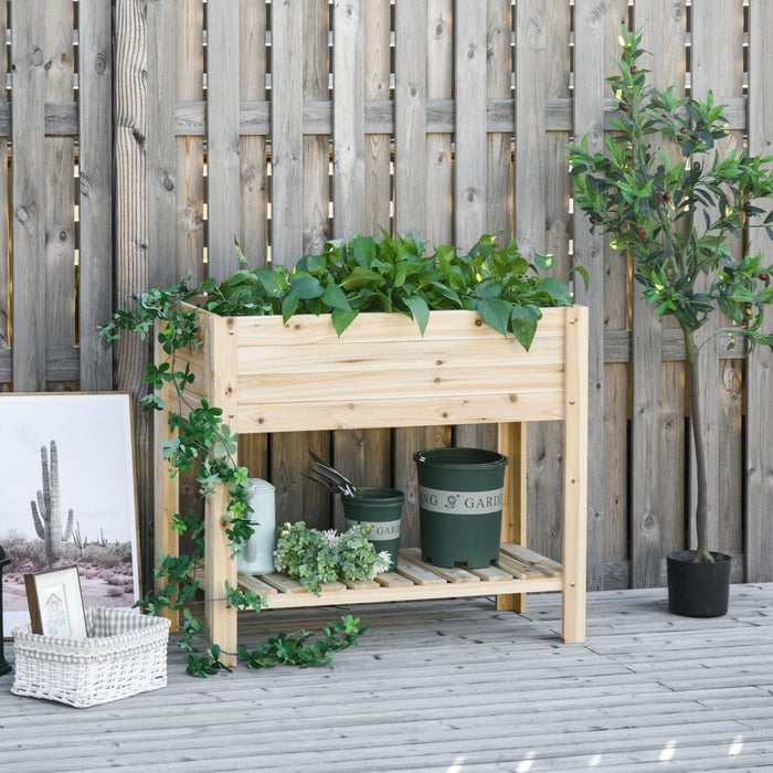 Outsunny Wooden Raised Garden Bed Planter W/storage Shelf, Natural Wood