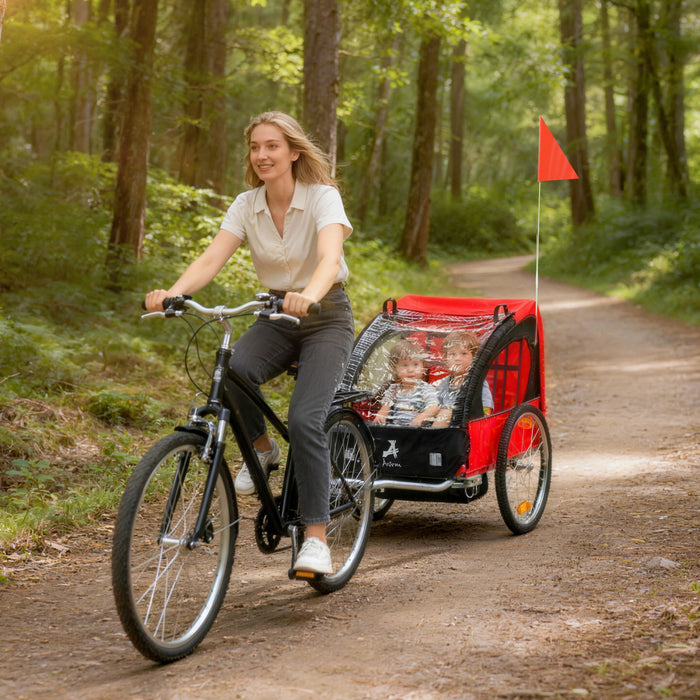 Aosom 2 Seat Bike Trailer for Kids Double Baby Toddler 80lbs Load w/ Steel Frame, 5-Point Safety Belts, Universal Bicycle Connect, Reflectors, Red Flag, Waterproof Cover, Red