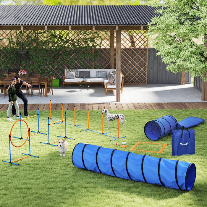 PawHut Dog Agility Training Equipment, 11PCS Dog Obstacle Course Starter Kit with 2 Tunnels, Adjustable Jumps & Ring, Weave Poles, Pause Box, Treat Bag, Bowl, Toys and Carrying Bag