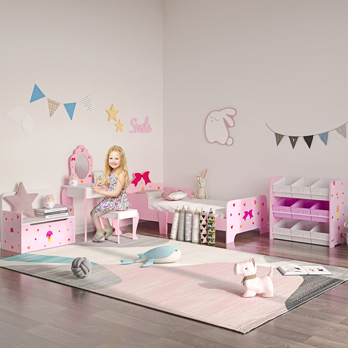 Qaba Kids Vanity Table & Chair Set, Girls Dressing Set, Make-up Desk With Drawer, Love Heart & Bow Patterns For 3-6 Years Old Children, Pink
