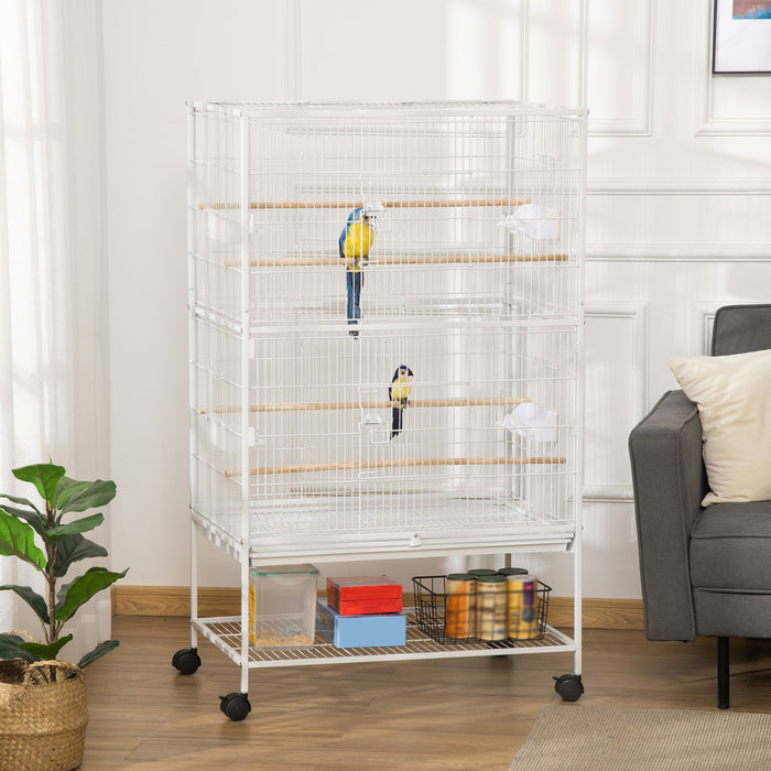 Pawhut 52\" Large Rolling Steel Bird Cage Bird House With Rolling Stand, Storage Shelf, Wood Perch, Food Container, White