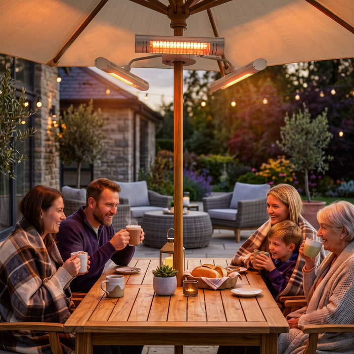 Outsunny Electric Patio Parasol Umbrella Heater, with 3 Heating Panels and Ultra-low Glare, Aluminum Alloy Outdoor Infrared Space Heater with Remote for Pergola, Gazabo, Silver