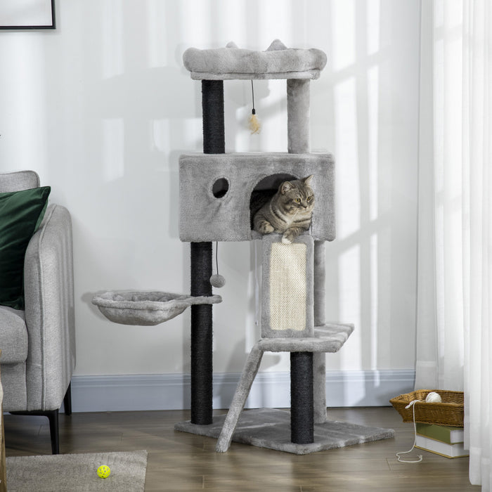 Pawhut 47\" Cat Tree For Indoor Cats, Kitty Activity Center, Cat Tower With Cat Ear Bed Ramp Condo Hammock Hanging Ball Toys Sisal Rope Scratching Post, Light Grey