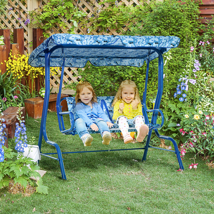Outsunny 2-seat Kids Porch Swing Chair, Children Outdoor Patio Furniture Lounge Chair For Garden, With Adjustable Canopy, Seat Belt, Shark Pattern, For 3-6 Years Old, Blue