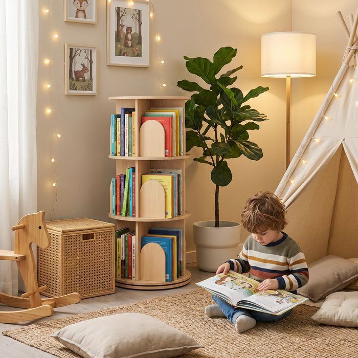 Qaba 3-Tier Rotating Bookshelf, 360° Rotating Floor-Standing Revolving Bookcase for Bedroom, Nursery, Playroom, Corner Bookcase for Boys and Girls, Natural